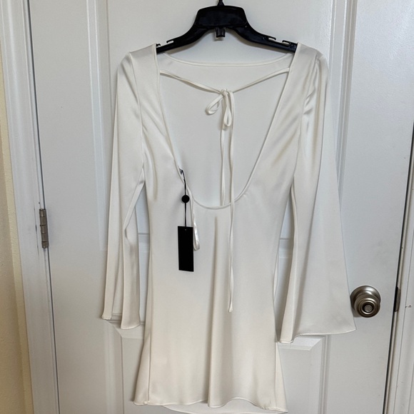 Gianni Biini Dionne Satin Long Sleeve Open Back ivory color Mini Dress - Picture 3 of 6